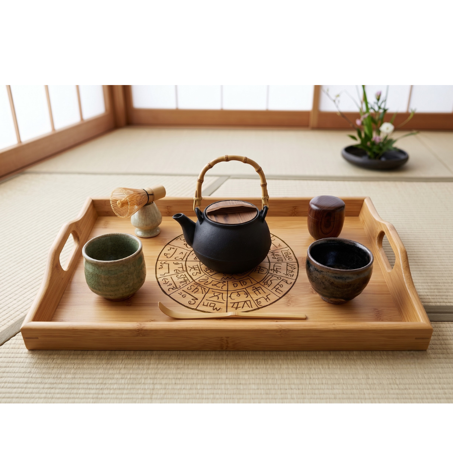 Bamboo Serving Tray with Engraved Zodiac Wheel — Decorative Astrological Home Serving Tray Sacred Geometry Altar & Kitchen Energy Purifying Board