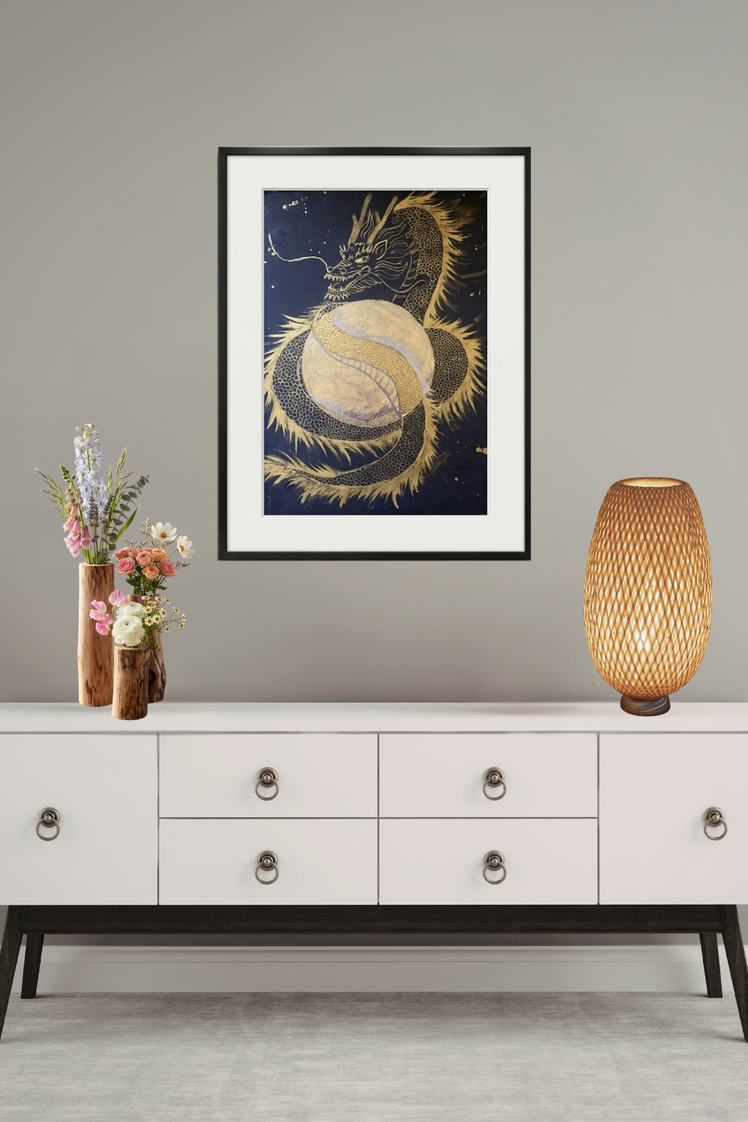Golden Dragon & Full Moon Original Canvas Art – Divine Feng Shui Energy Art & Sacred Talisman for Fundraising